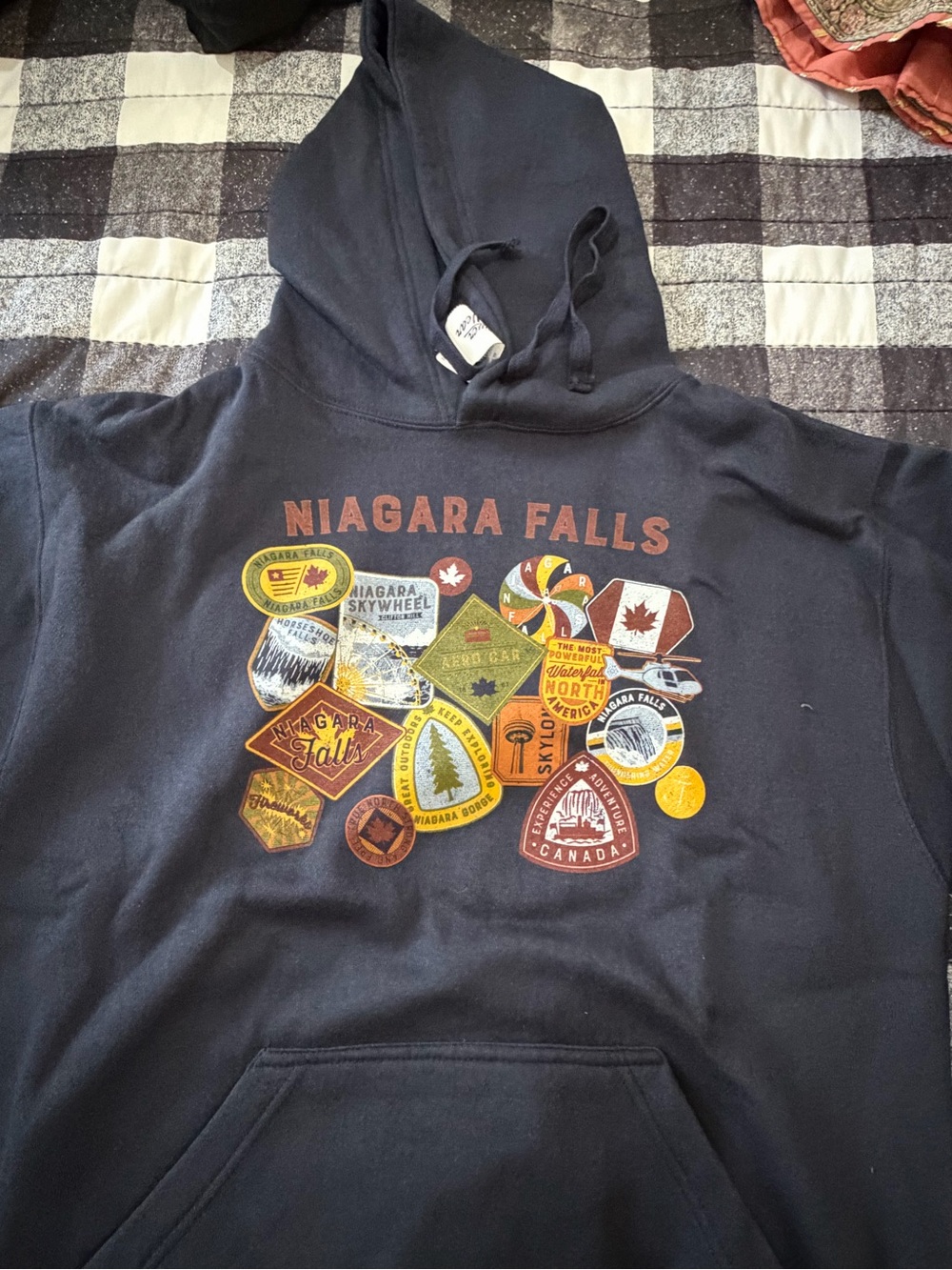 Niagara Falls Navy Graphic Hoodie with Travel Patch Design